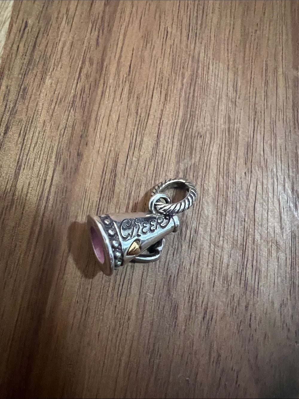 Silver 'Cheer' Megaphone Charm with Pink Enamel Accent